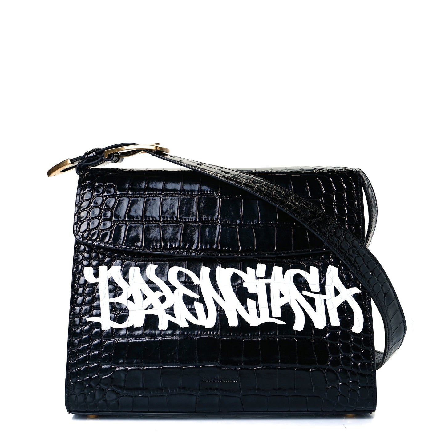 Shiny Calfskin Graffiti Logo Crocodile Embossed Medium Ghost Shoulder Bag Black White