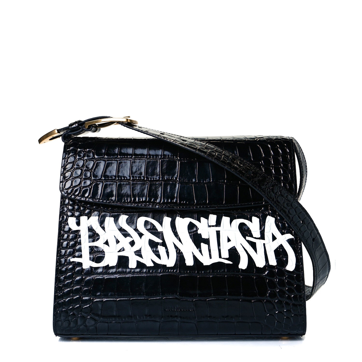 Balenciaga Shiny Calfskin Graffiti Logo Crocodile Embossed Medium Ghost Shoulder Bag Black White 1 of 7