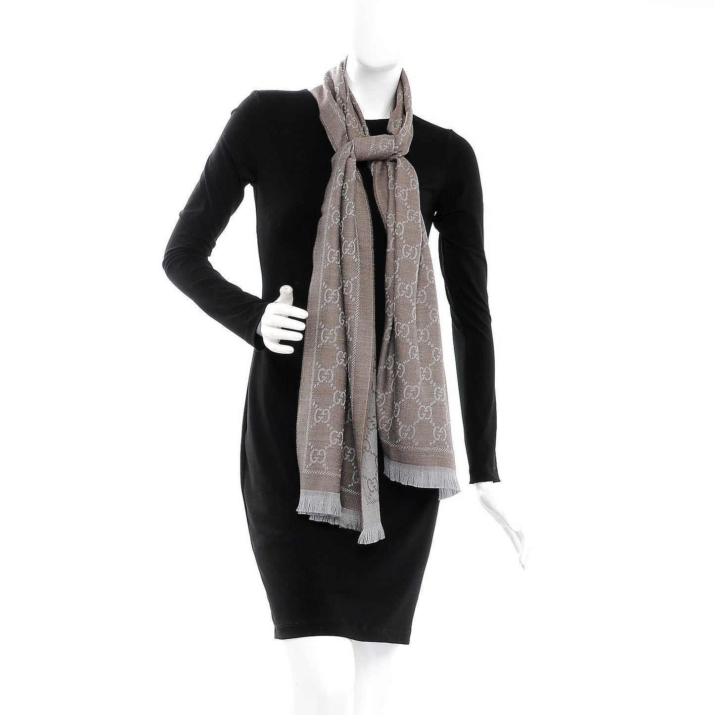 Wool Jacquard GG Monogram Sten Fringe Scarf Taupe Light Grey