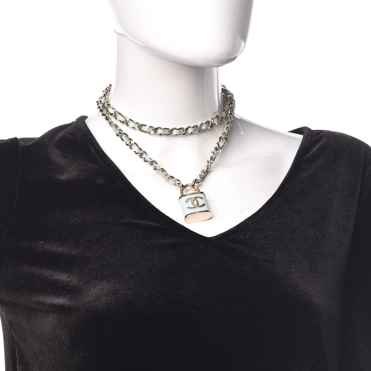 Metal Lambskin Lock Double Necklace Iridescent Blue
