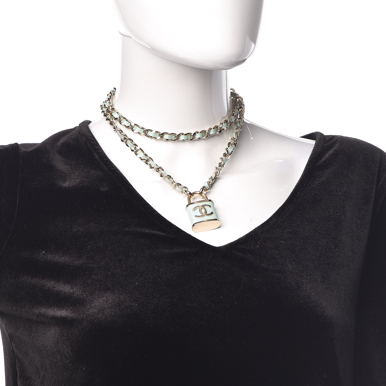 Chanel Metal Lambskin Lock Double Necklace Iridescent Blue 2 of 5