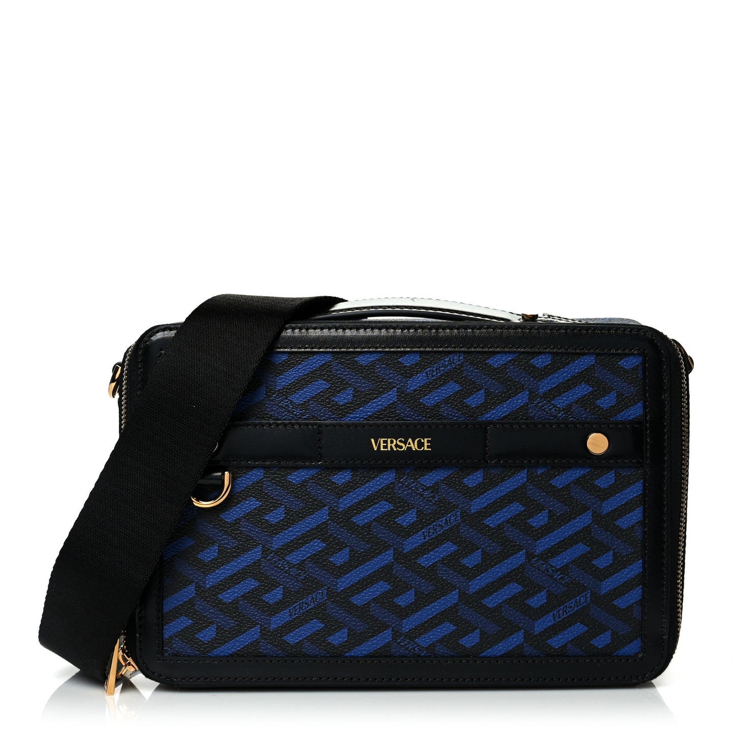 Coated Canvas La Greca Signature Messenger Bag Black Blue