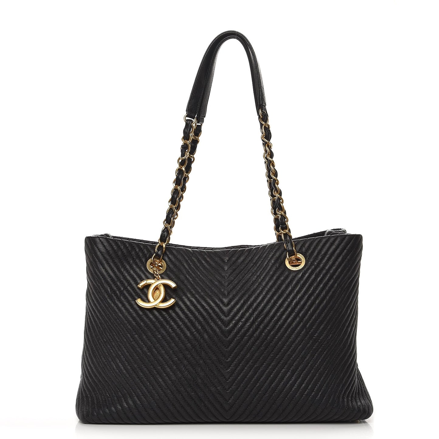 Wrinkled Lambskin Chevron Quilted Large Surpique Tote Black