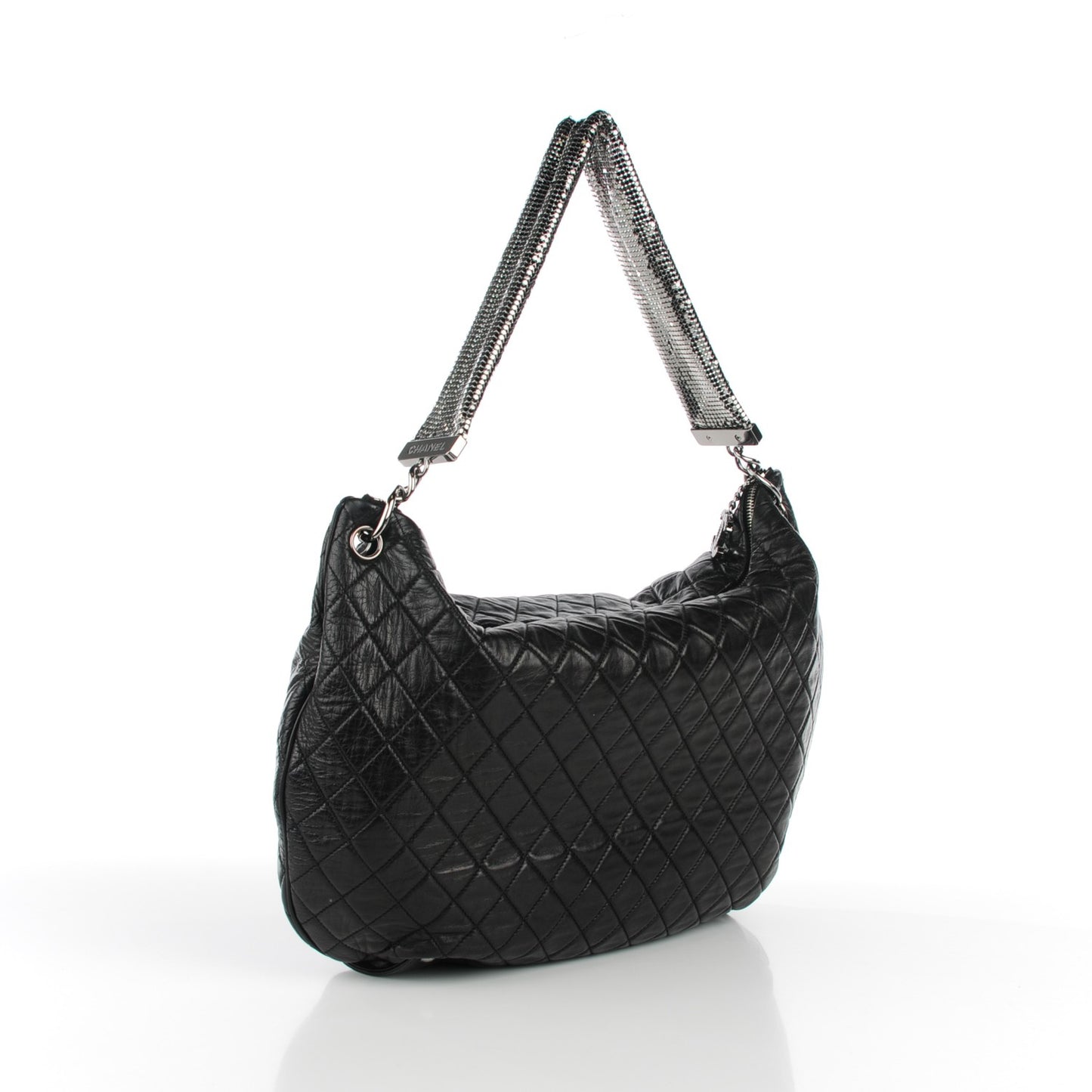 Lambskin Large Chain Mail Hobo Black