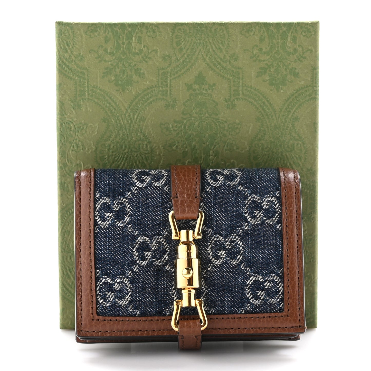 New Denim GG Monogram Jackie 1961 Card Case Blue Tea Cuir