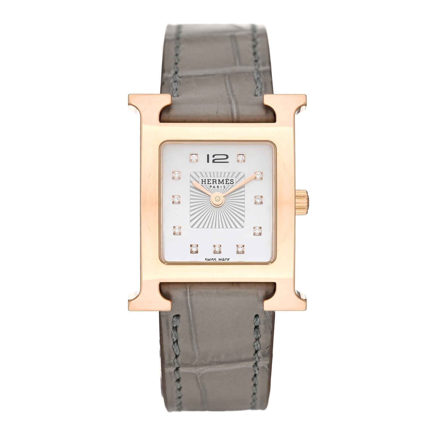 Stainless Steel Alligator Diamond Mother of Pearl 21mm Heure H Hour Quartz Watch Gris Perle