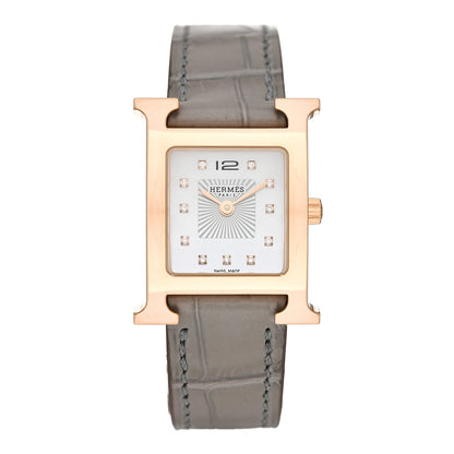 Hermes Stainless Steel Alligator Diamond Mother of Pearl 21mm Heure H Hour Quartz Watch Gris Perle 1 of 5