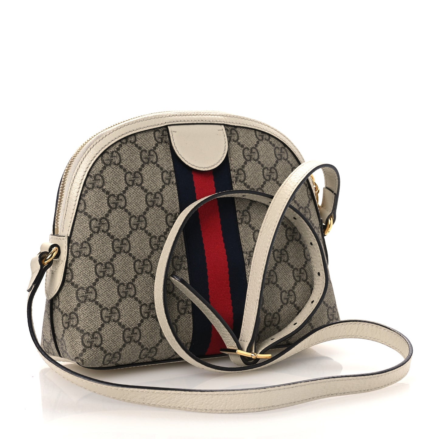 GG Supreme Monogram Textured Dollar Calfskin Web Small Ophidia Dome Shoulder Bag Beige Ebony Mystic White