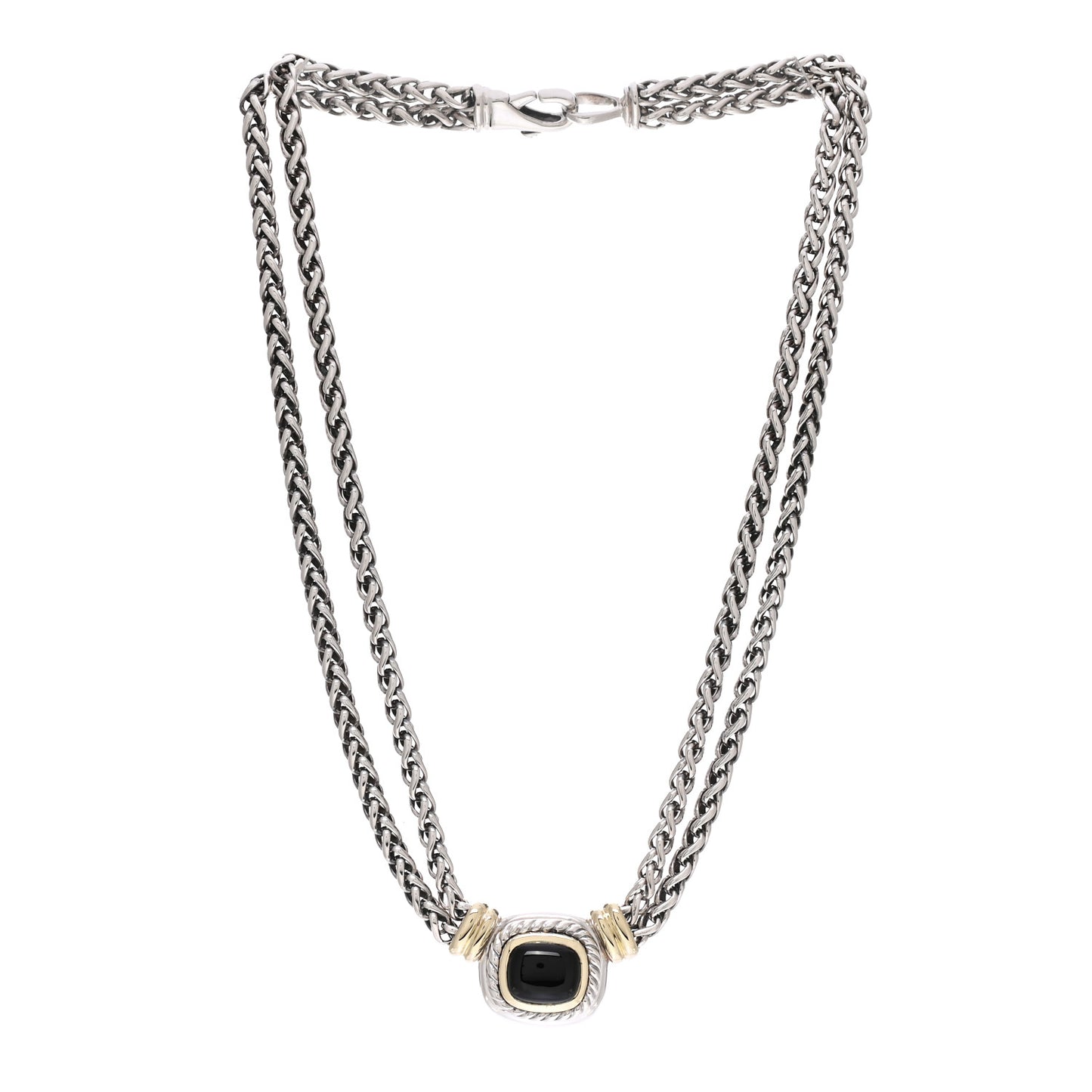 Sterling Silver 14K Yellow Gold Black Onyx Double Wheat Chain Necklace