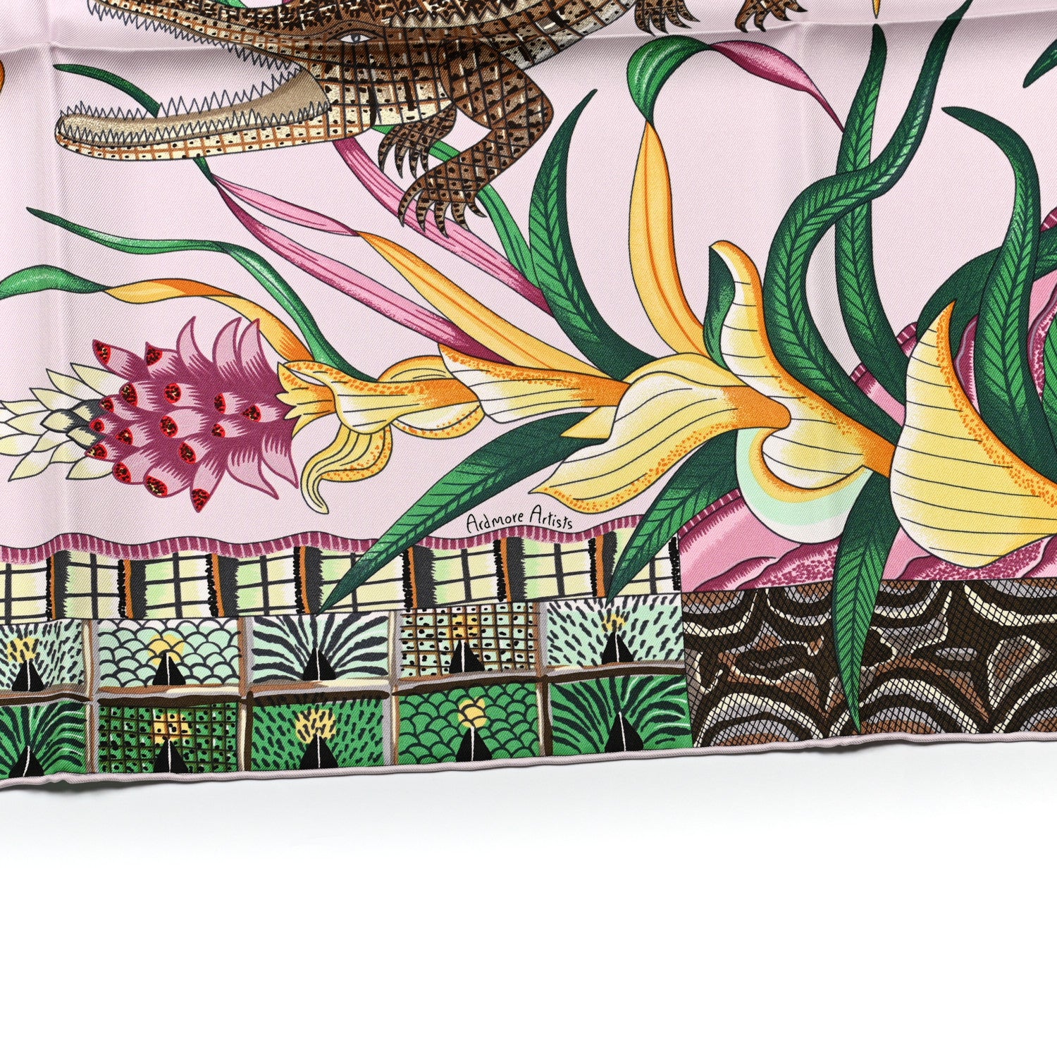 Hermes Silk La Marche Du Zambeze Scarf 90 Rose Pale Vert Jaune 4 of 6