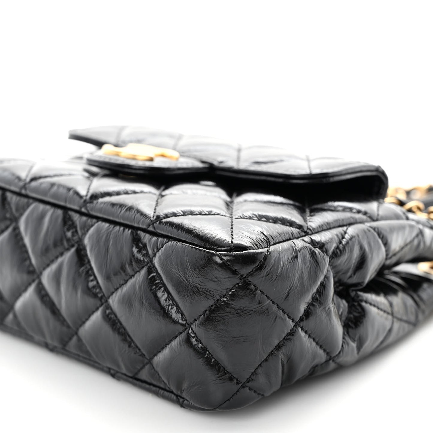 Shiny Crumpled Calfskin Quilted Small Wavy CC Hobo Black