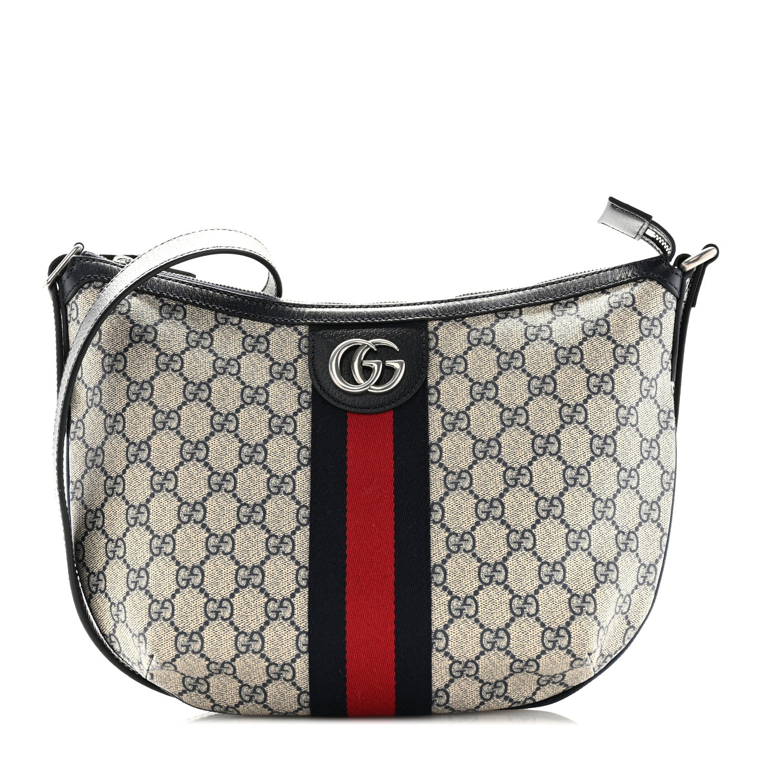 Gucci GG Supreme Monogram Textured Dollar Calfskin Web Small Ophidia Half Moon Hobo Beige Blue 1 of 10