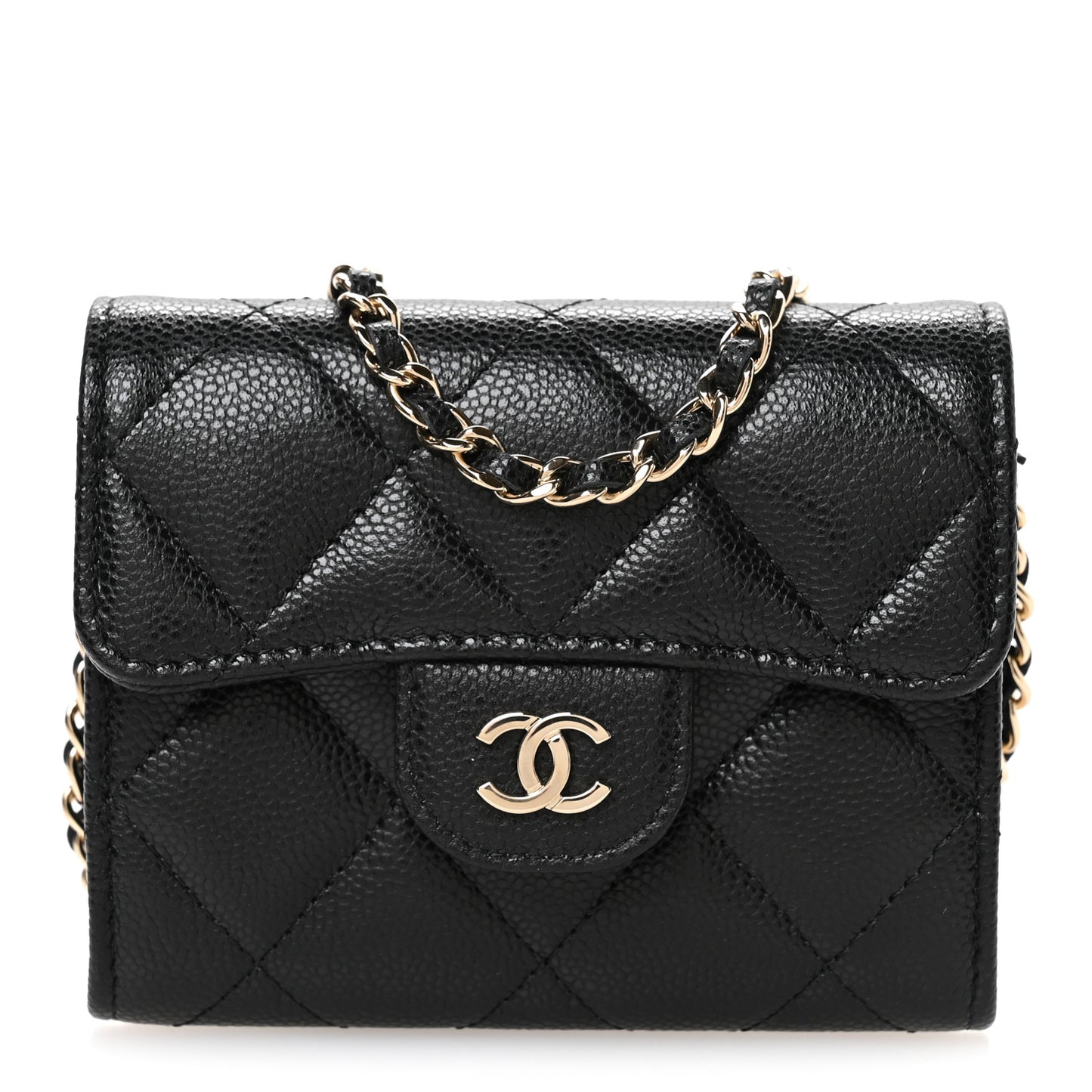 Caviar Quilted Flap Card Holder On Chain Black
