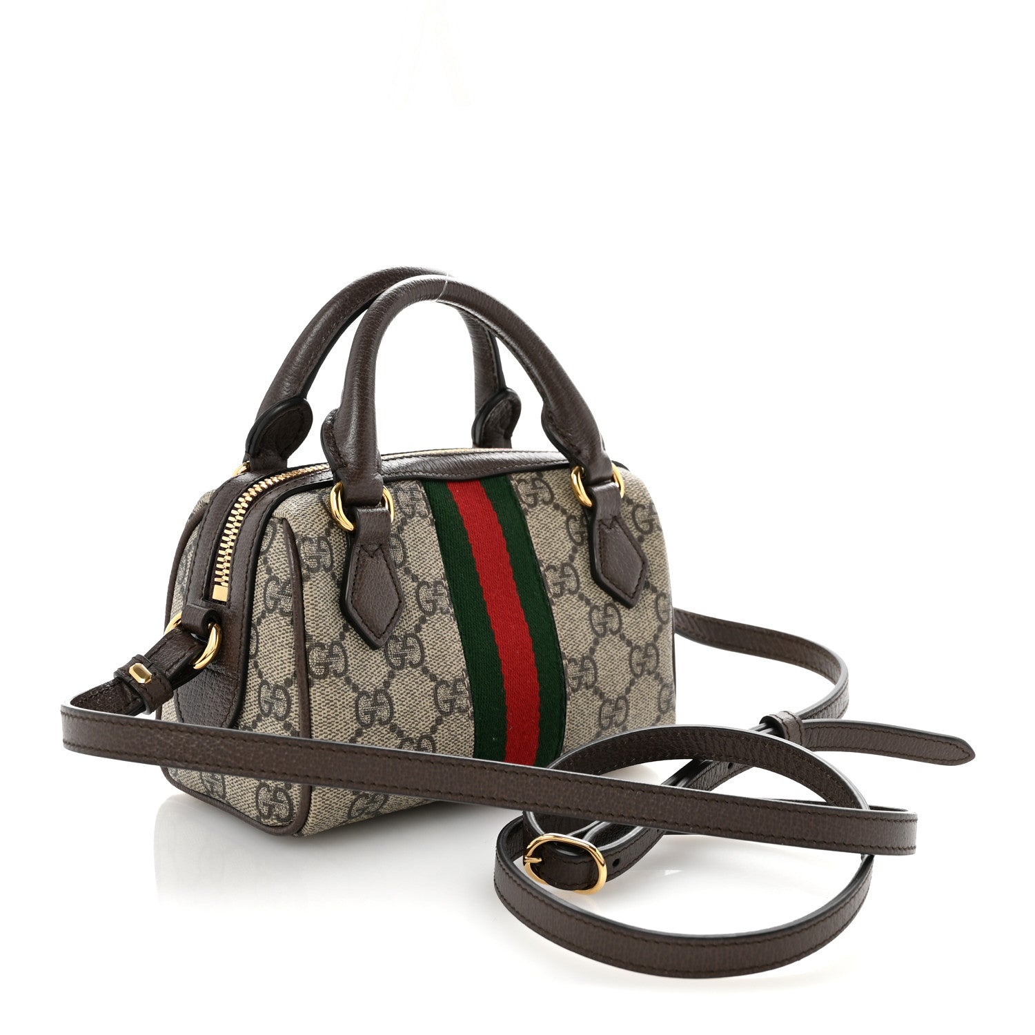 Gucci GG Supreme Monogram Textured Dollar Calfskin Web Super Mini Ophidia Top Handle Bowler Bag  Beige Ebony New Acero 3 of 12