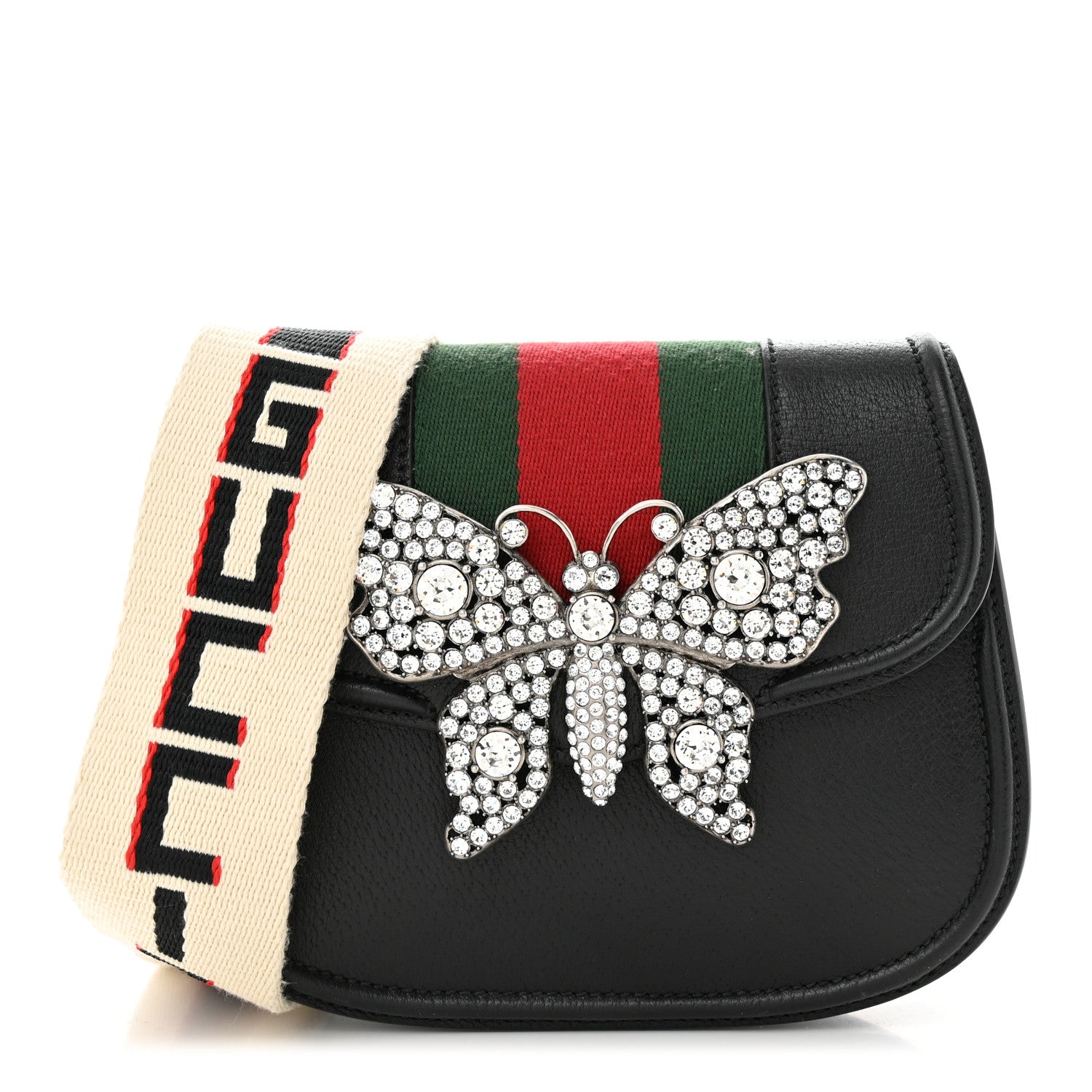 Gucci Calfskin Web Crystal Butterfly Stripe Small Totem Shoulder Bag Black 1 of 11