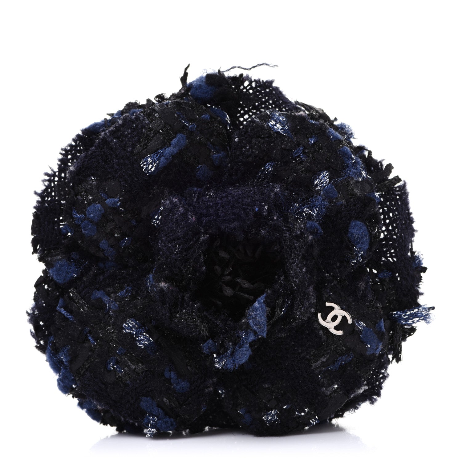 Chanel Tweed Camellia Pin Brooch Navy Blue 1 of 4