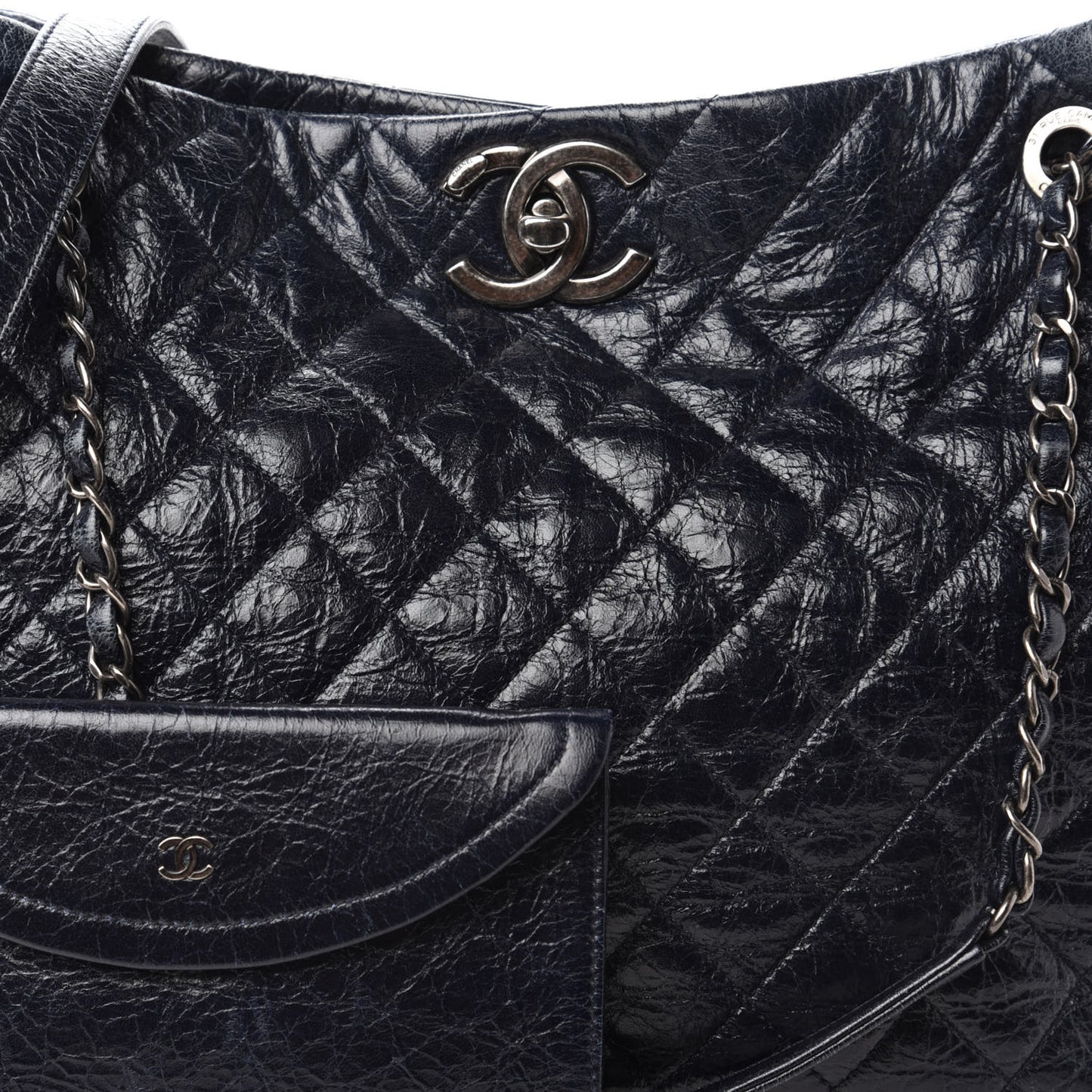 Glazed Calfskin Quilted Large Tote Black
