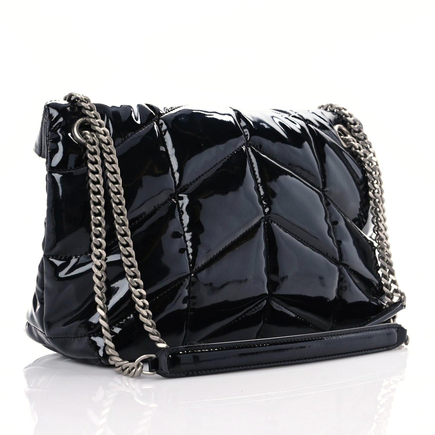 Patent Lambskin Quilted Medium Loulou Puffer Monogram Chain Satchel Black
