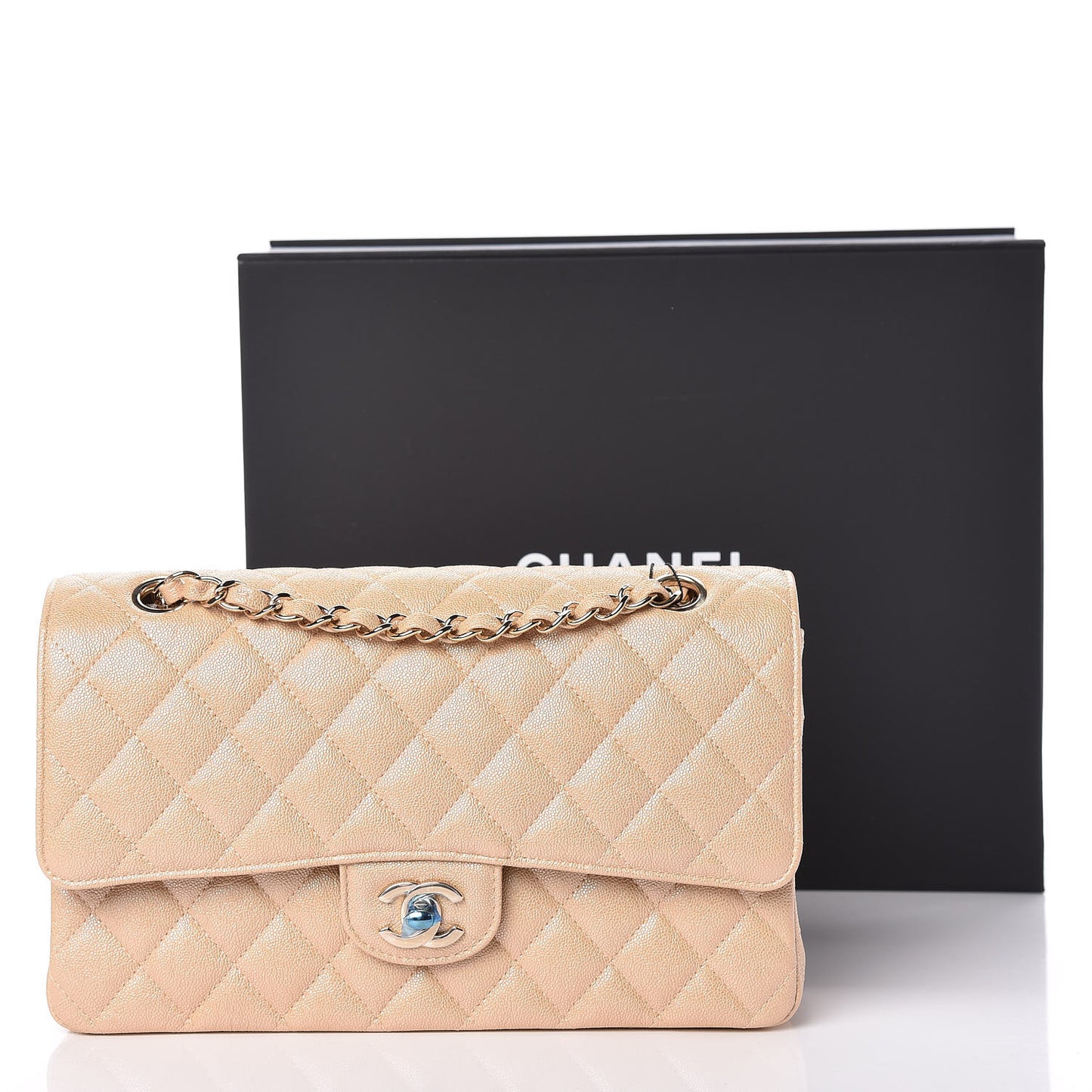 Iridescent Caviar Quilted Medium Double Flap Beige