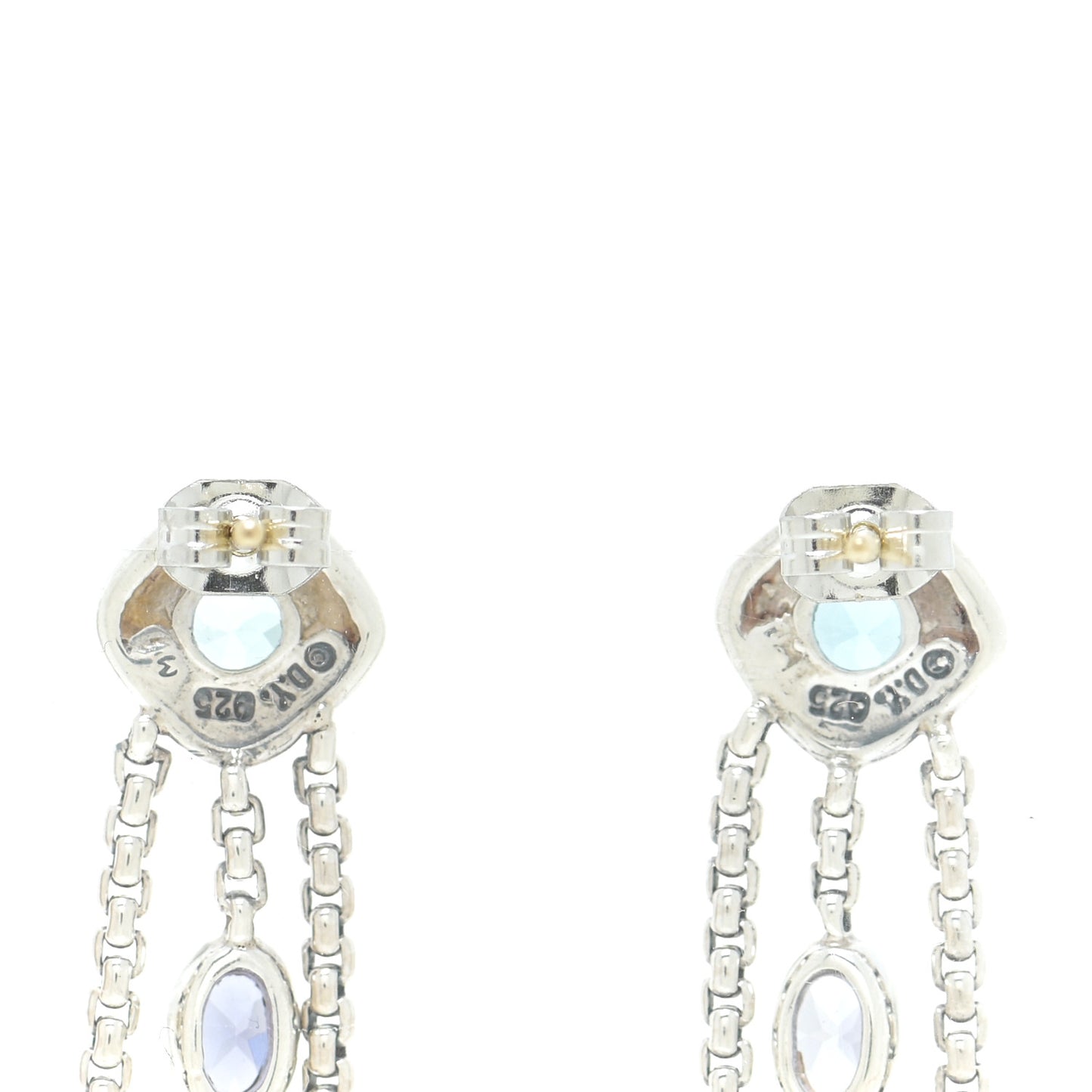 Sterling Silver Diamond Blue Topaz Iolite Confetti 3 Row Tassel Earrings