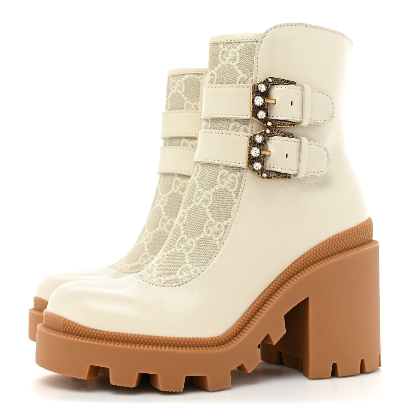 Kensington Calfskin Nappa GG Supreme Monogram Womens Double Buckle Ankle Boots 35 Mystic White Beige