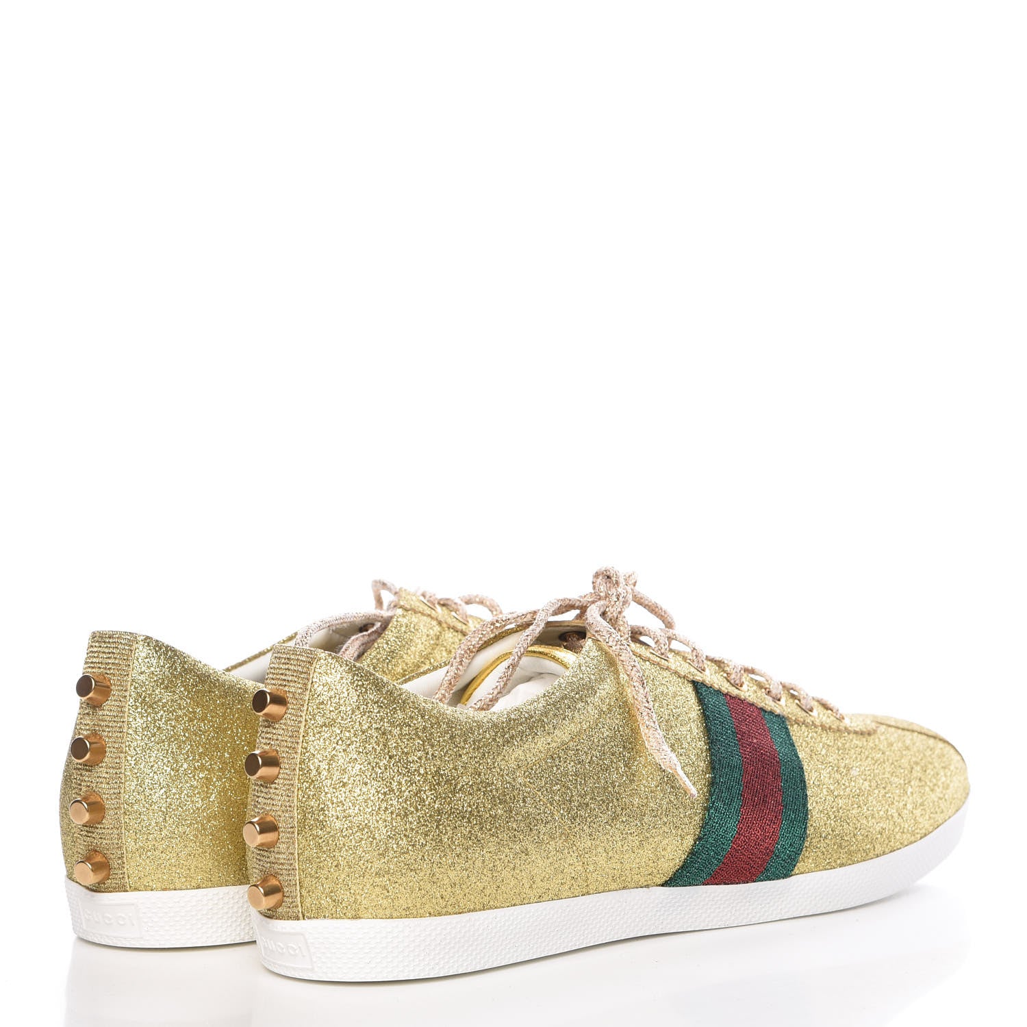 Gucci Metallic Calfskin Studded Mens Bambi Web GG Sneakers 11 Gold 4 of 8