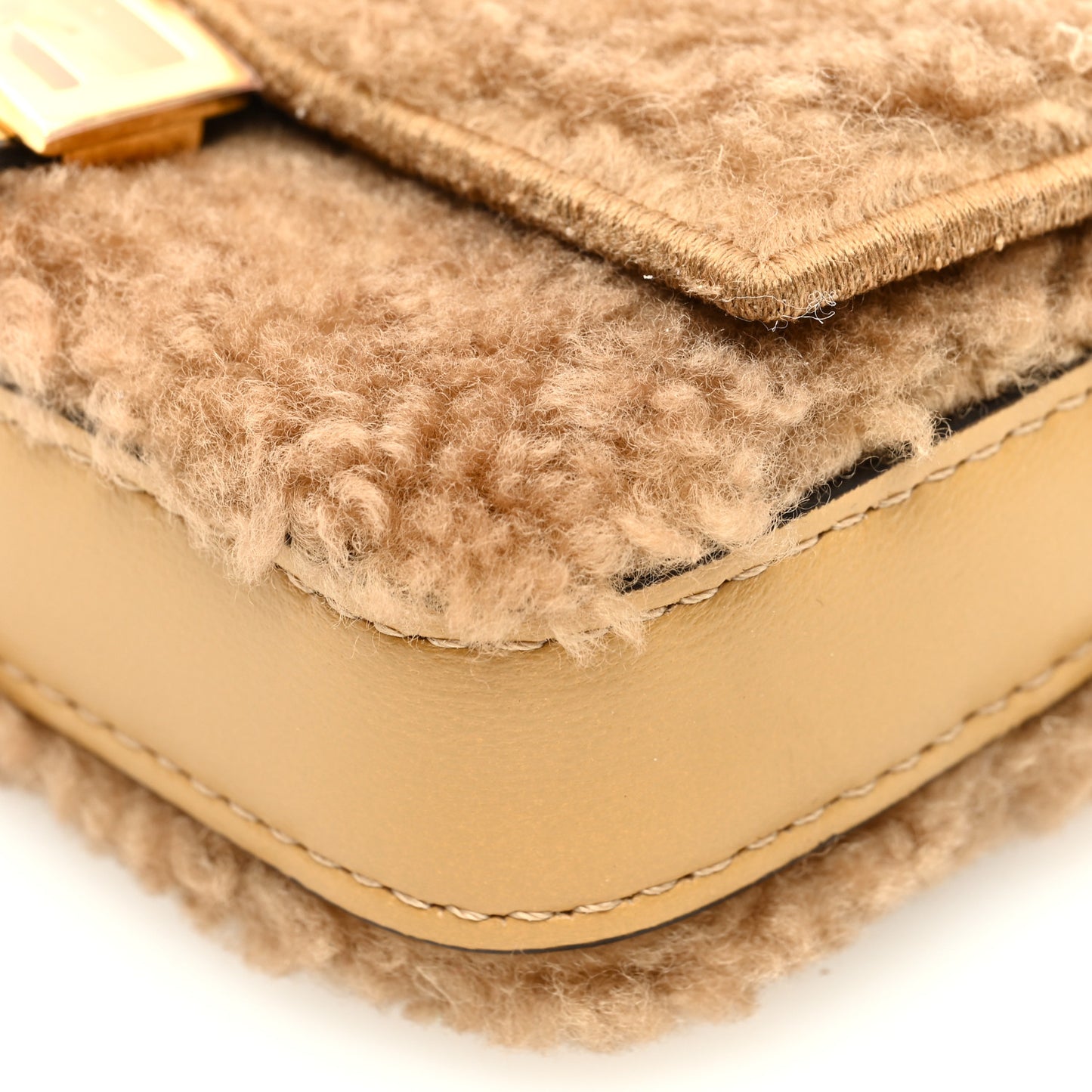 Curly Shearling Shiny Nappa Nano Baguette Charm Camel