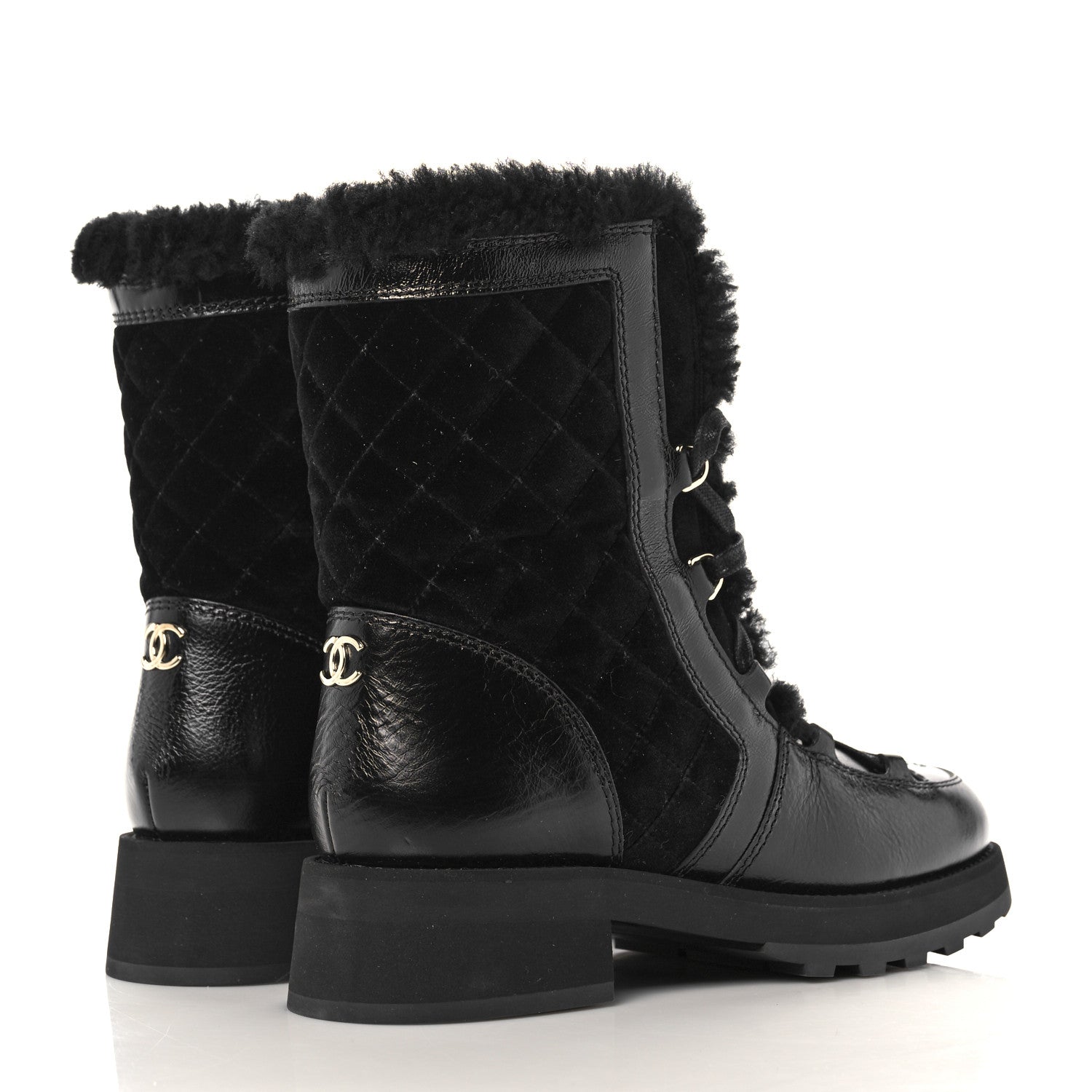 Chanel Shiny Crumpled Calfskin Shearling Lace Up Boots 39.5 Black 4 of 8