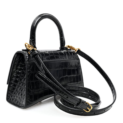 Balenciaga Shiny Calfskin Crocodile Embossed Hourglass Top Handle Bag XS Black 3 of 9