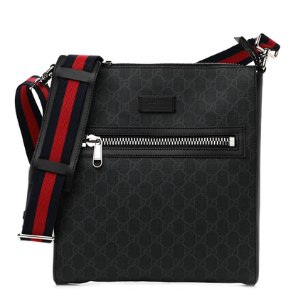 Gucci GG Supreme Monogram Appia Calfskin Web Flat Messenger Bag Black Grey 1 of 9