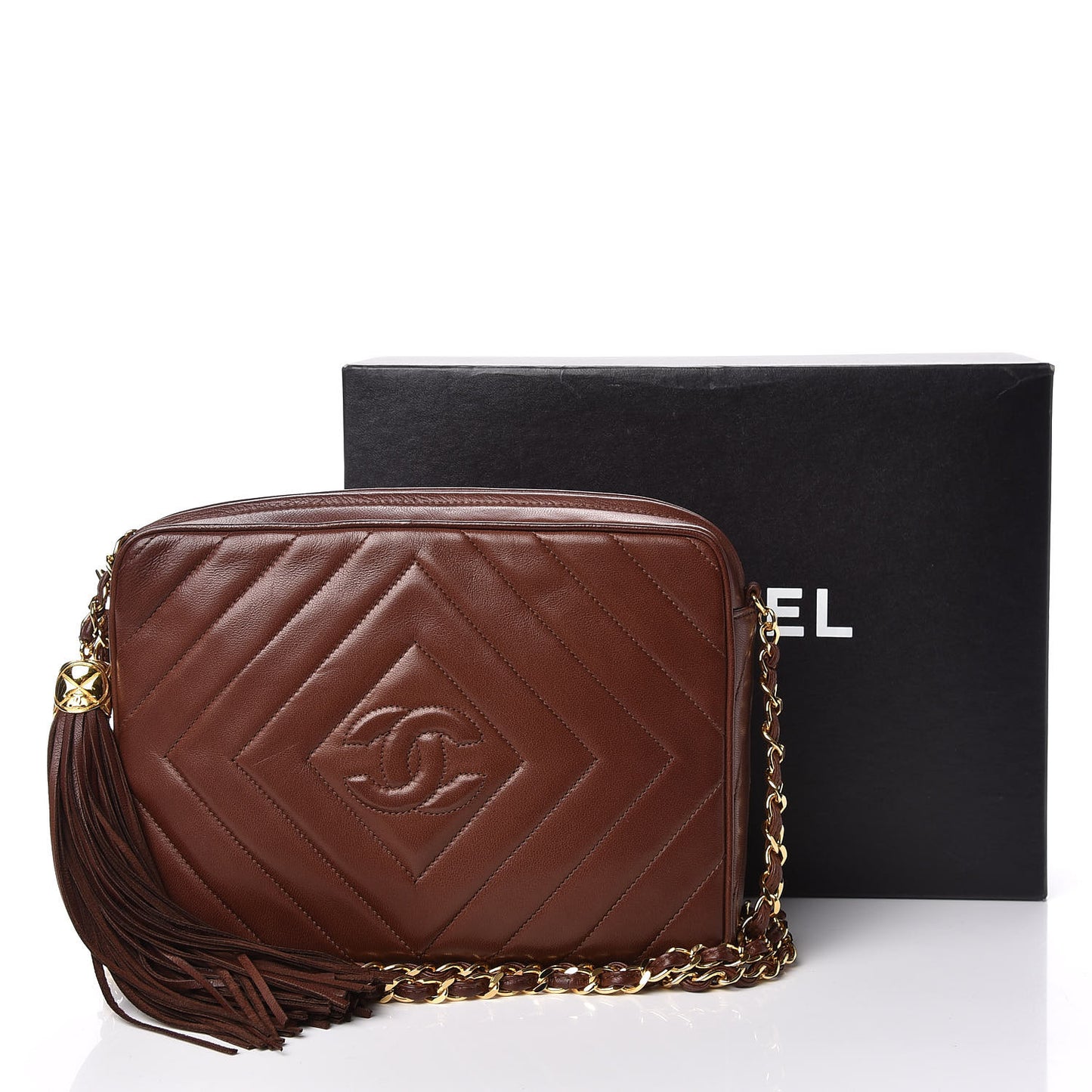 Lambskin Chevron Quilted Tassel Camera Case Brown