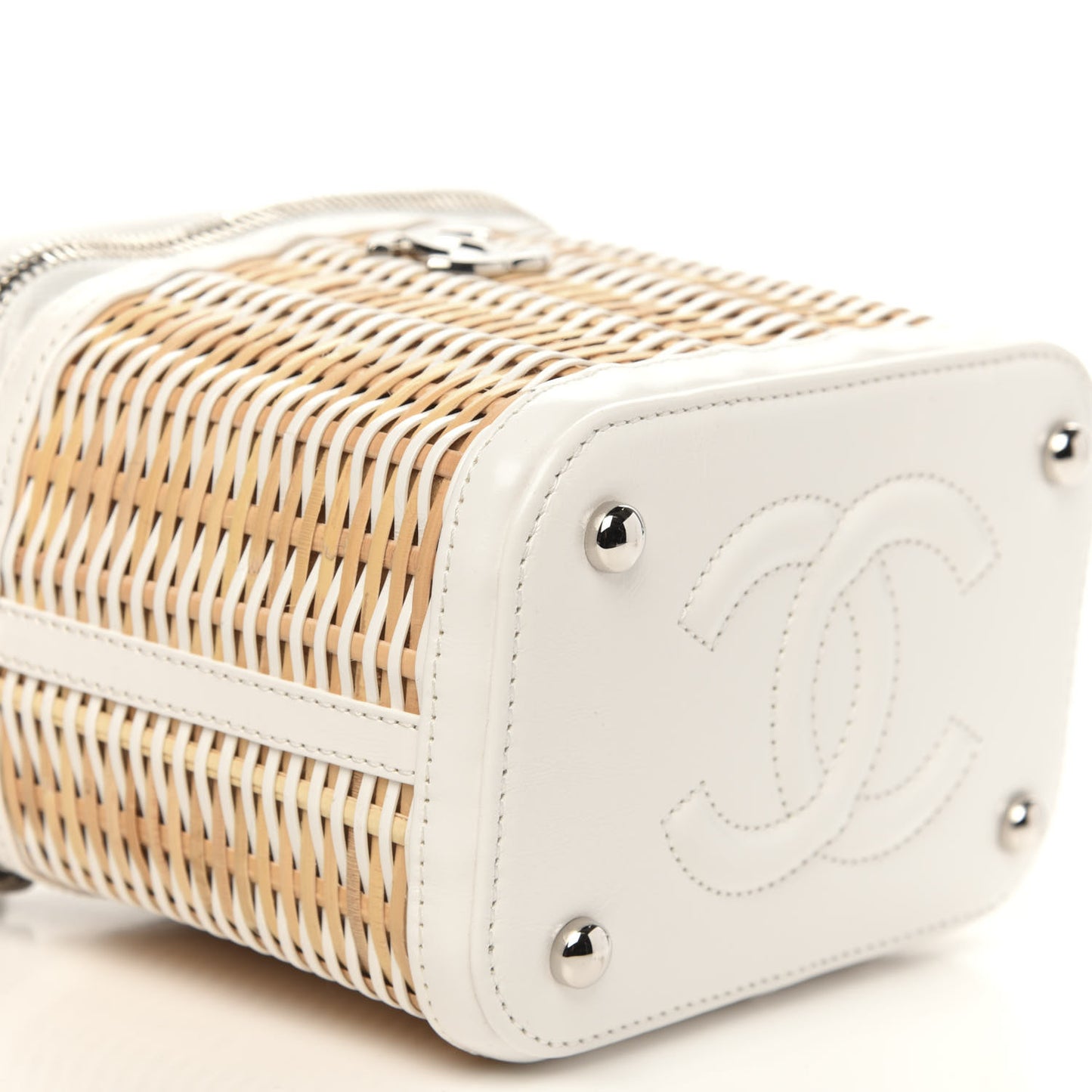 Calfskin Raffia Small Vanity Case Bag White Beige