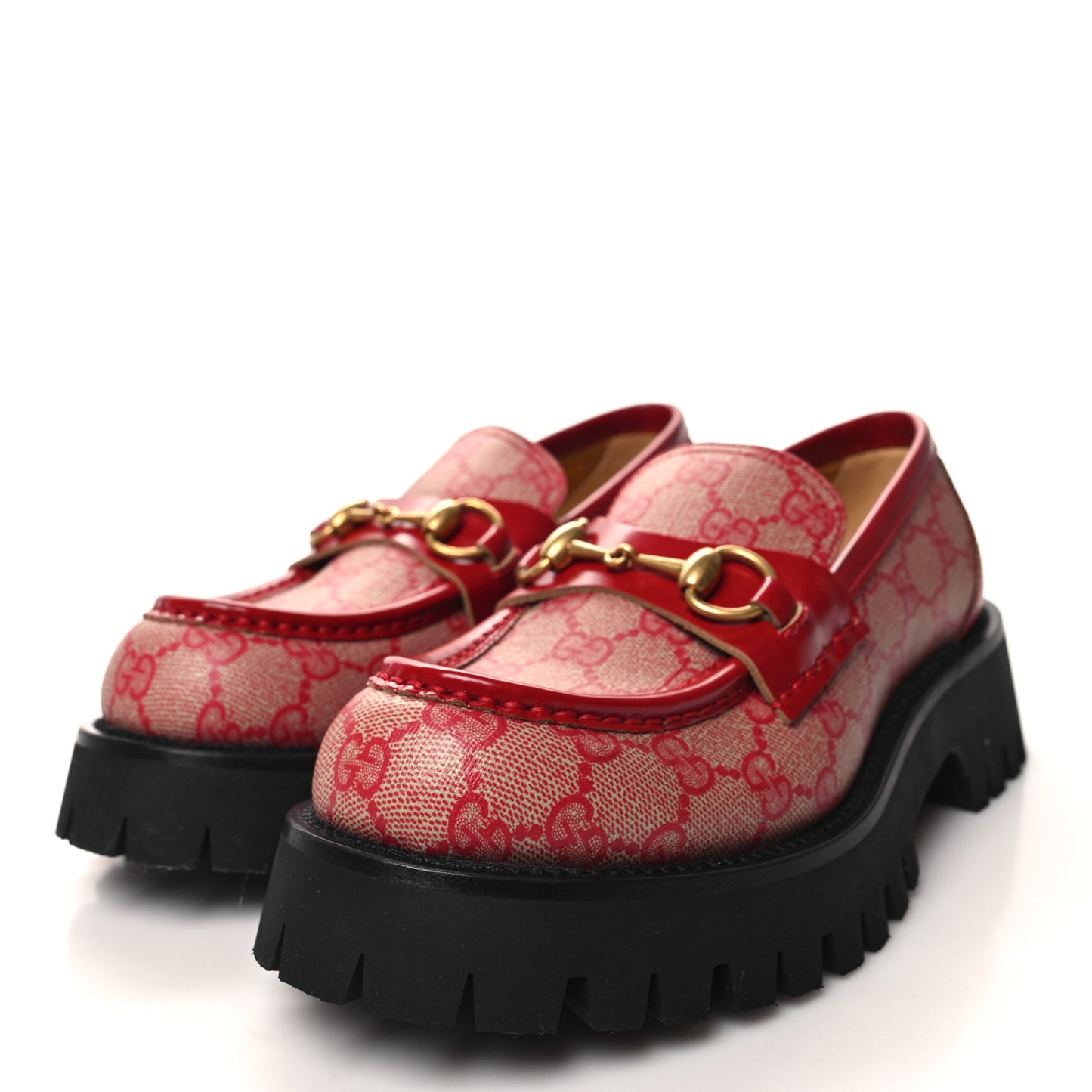 GG Supreme Monogram Cordovan Lux Womens Harald Horsebit 25mm Platform Loafers 37.5 Beige Hibiscus Red