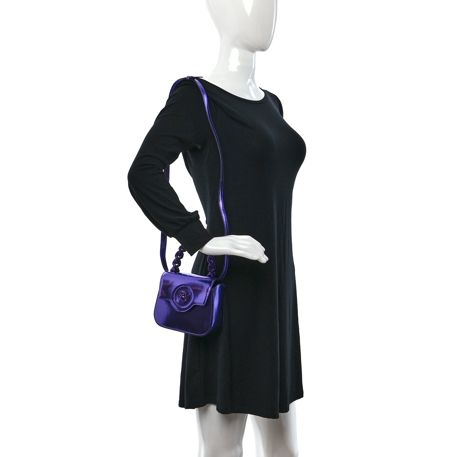 Versace Metallic Patent Calfskin Mini La Medusa Chain Top Handle Bag Dark Orchid 2 of 8