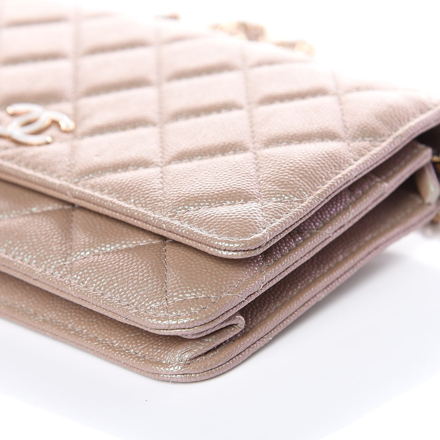 Iridescent Caviar Quilted Wallet On Chain WOC Beige