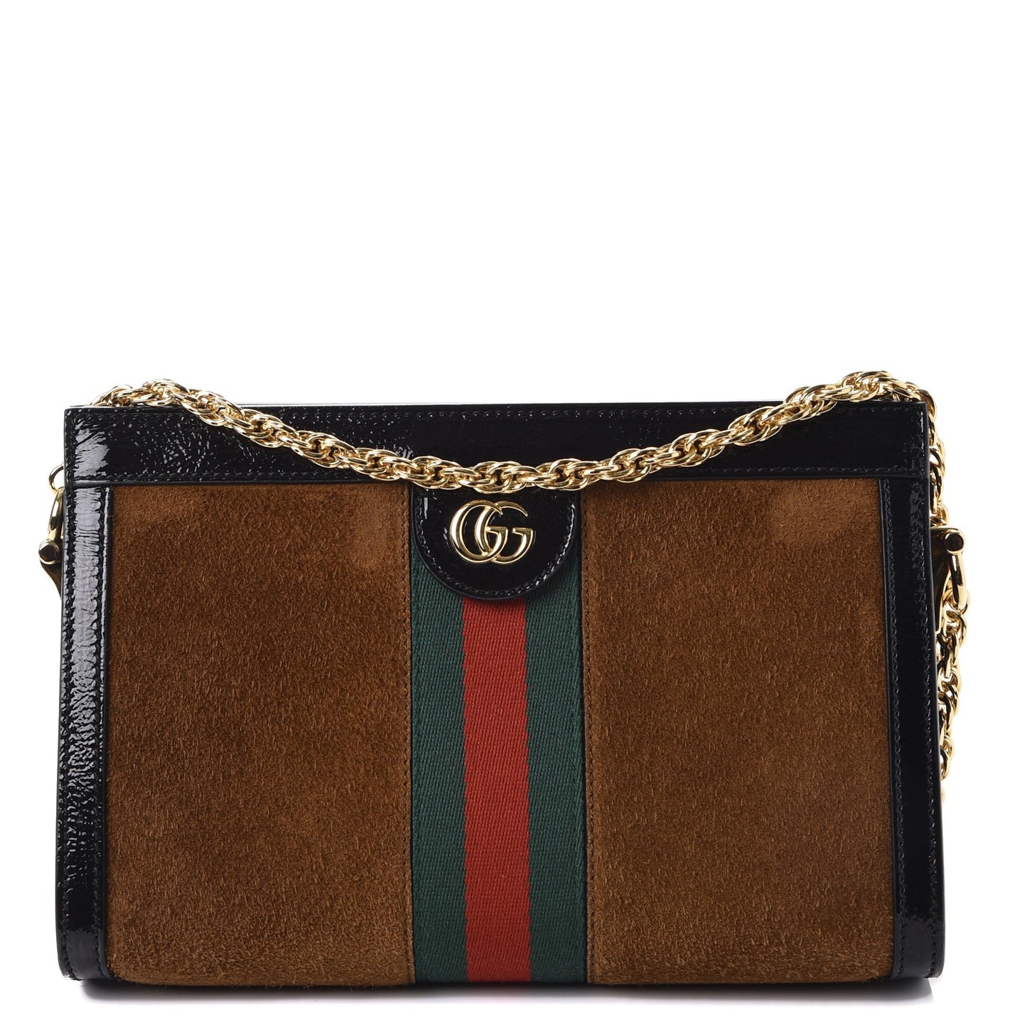 Suede Patent Web Small Ophidia Chain Shoulder Bag Nocciola Black
