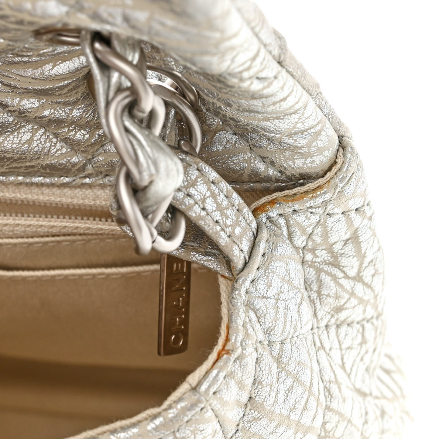 Calfskin Mirror CC Crackled Flap Silver