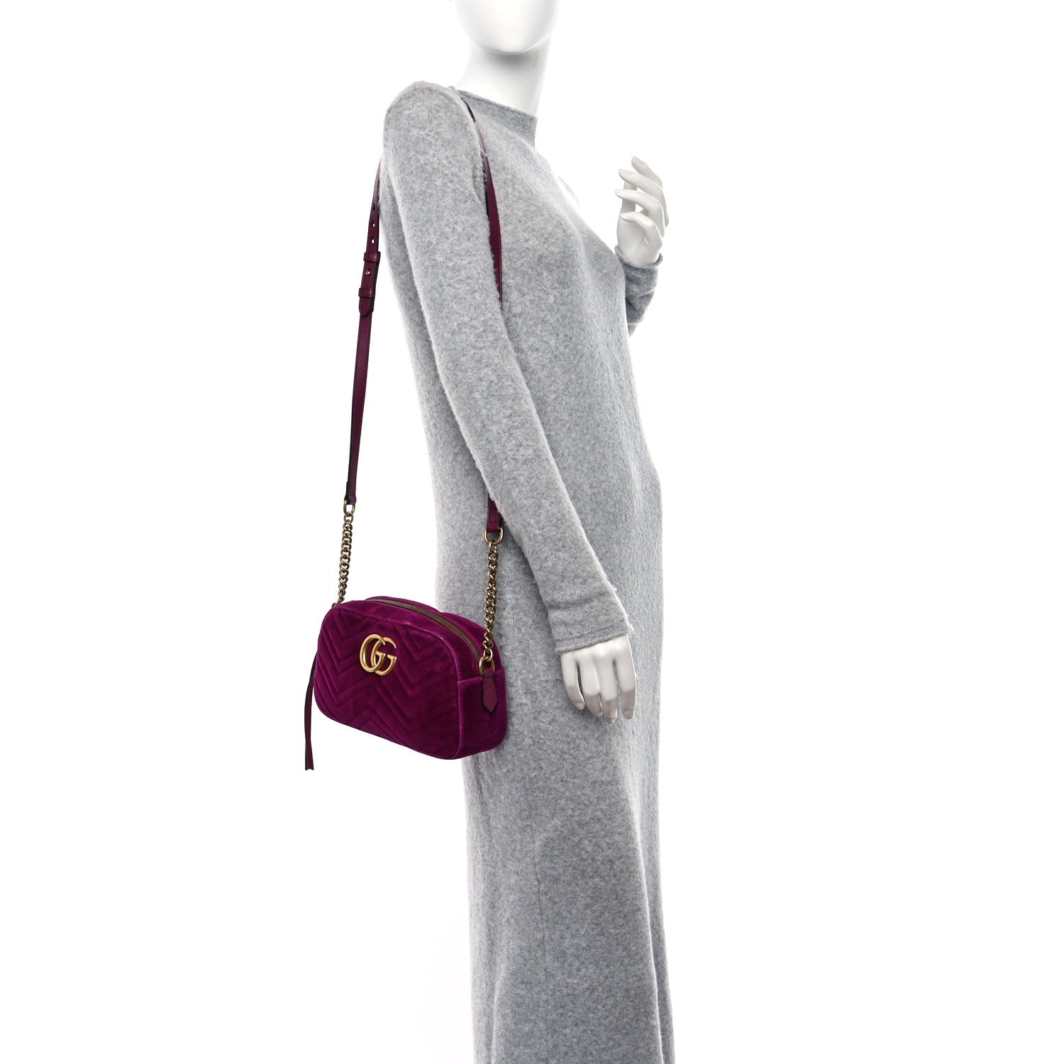 Gucci Velvet Matelasse Small GG Marmont Chain Shoulder Bag Fuchsia Violet Cyclamen 2 of 12