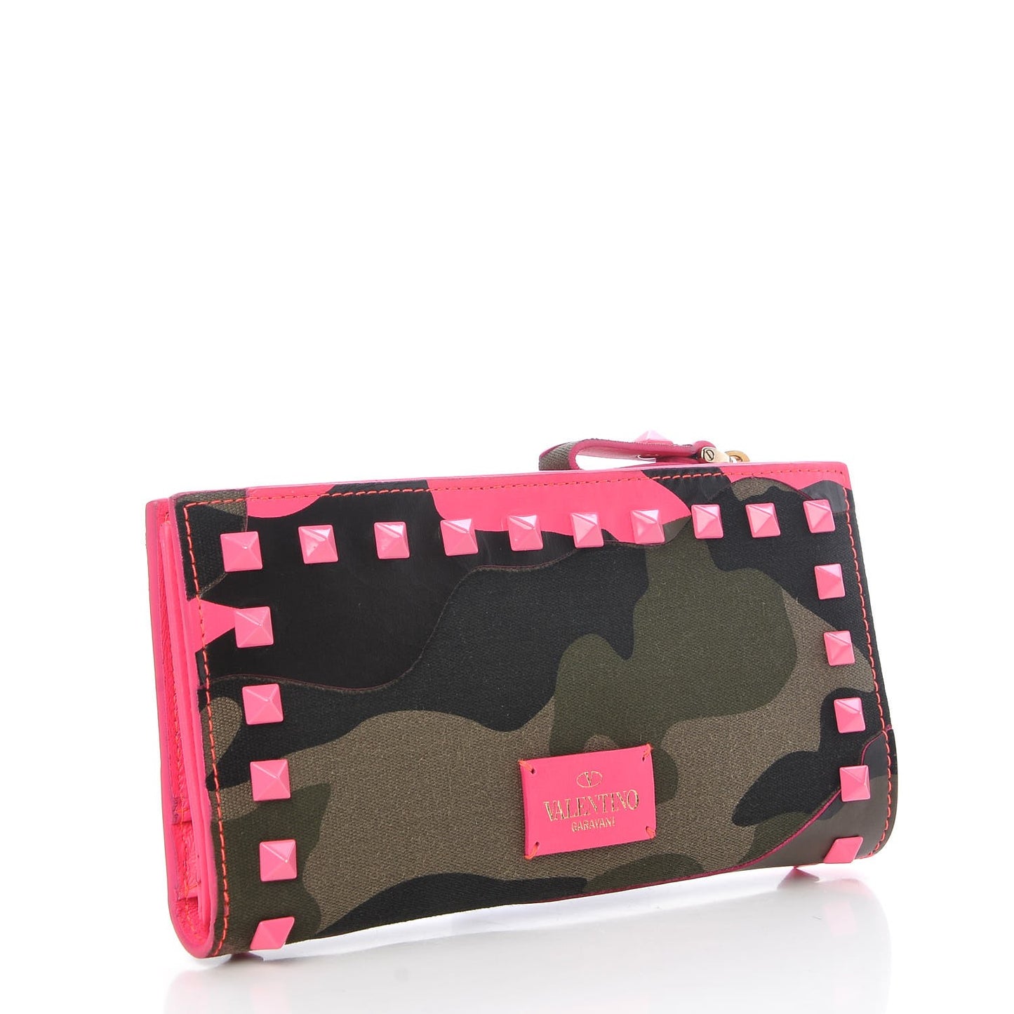 Nappa Canvas Camouflage Rockstud Continental Wallet Fuxia Fluo
