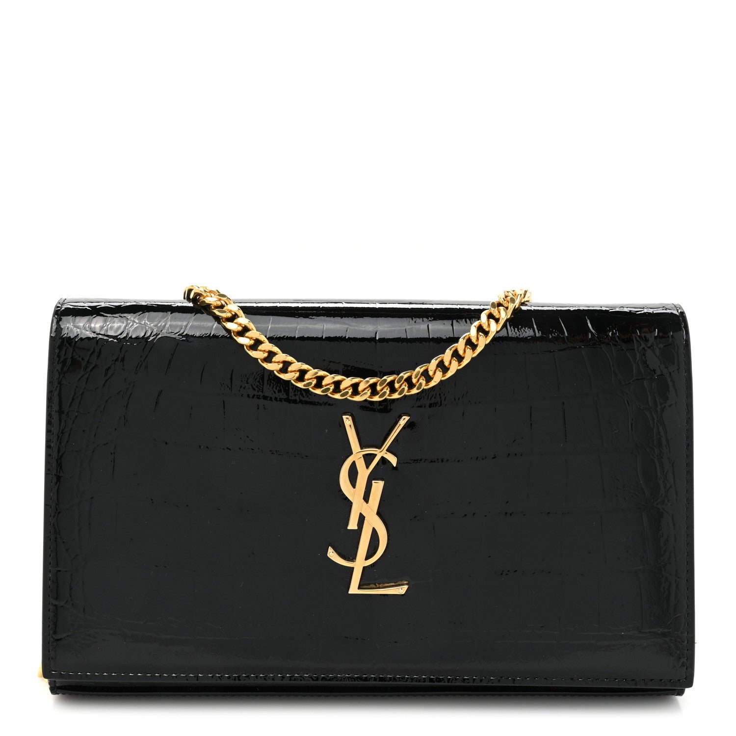 Saint Laurent Calfskin Crocodile Embossed Monogram Chain Wallet Black 1 of 11