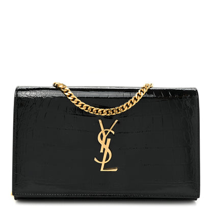 Saint Laurent Calfskin Crocodile Embossed Monogram Chain Wallet Black 1 of 11
