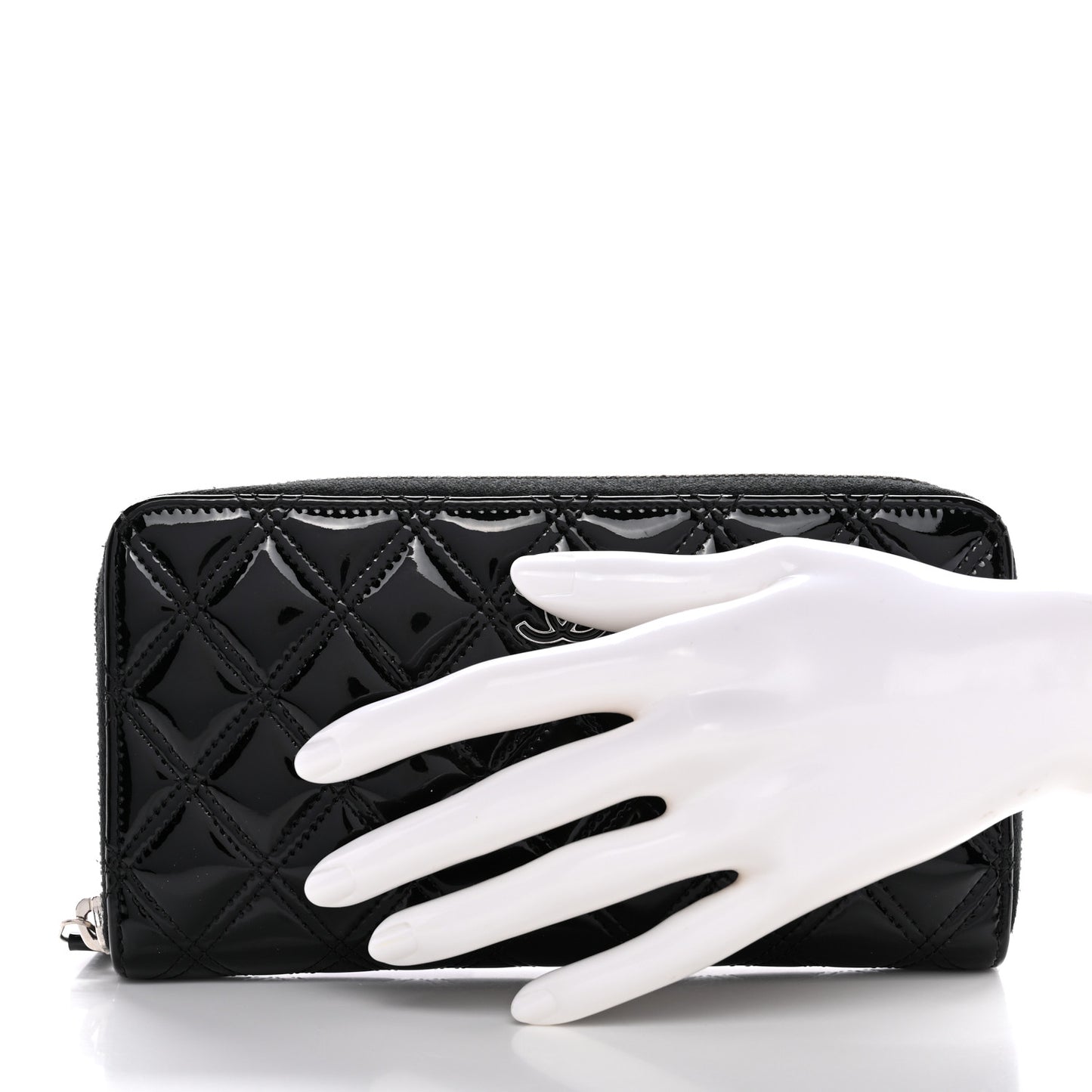 Patent Quilted Double Stitched Zip Around Wallet Black