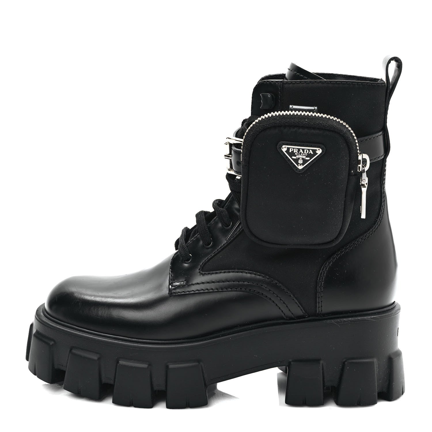 Prada Spazzolato Rois Nylon Metal Triangle Logo Monolith Pouch Pocket 55mm Boots 37 Black 1 of 10