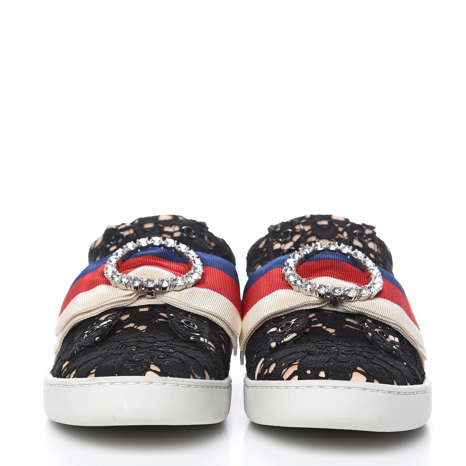 Gucci Lace Crystal Sylvie Web Flower Leaf Womens Ace Sneakers 34.5 Black Tan Beige 2 of 10