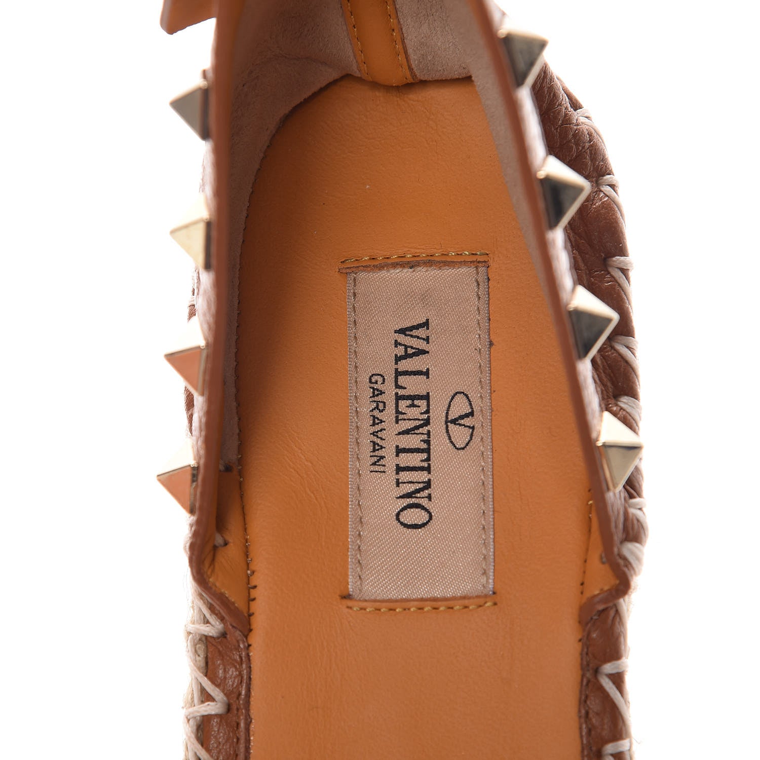 Valentino Garavani Grained Calfskin Rockstud Ankle Wrap Espadrille Flats 37 Cognac 7 of 12