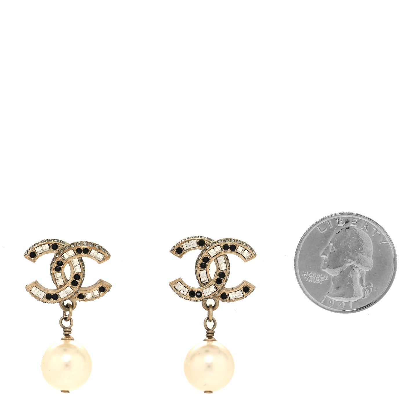 Baguette Crystal Pearl CC Drop Earrings Gold Black