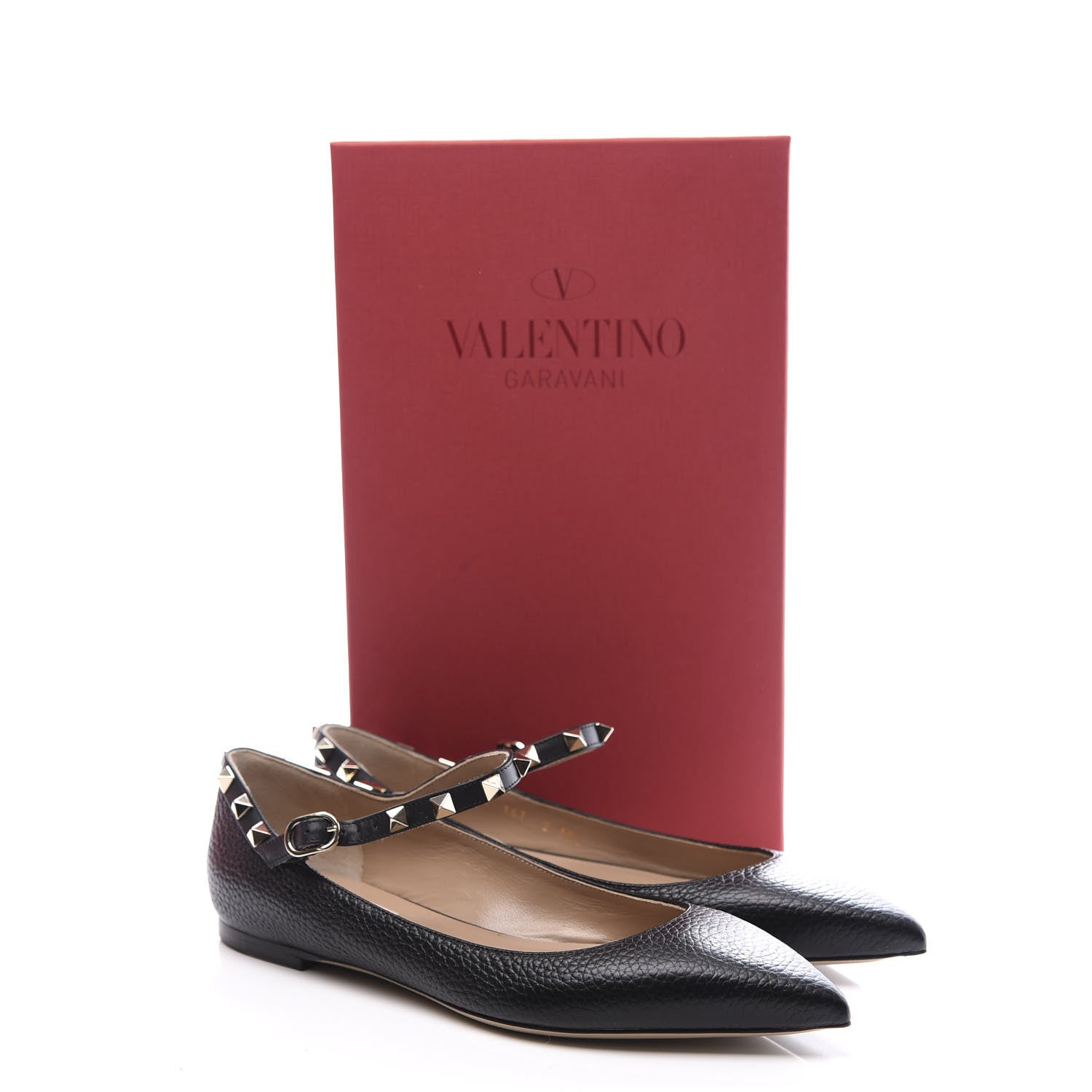 Valentino Garavani Pebbled Calfskin Rockstud Ankle Strap Ballerina Flats 38.5 Black 11 of 11