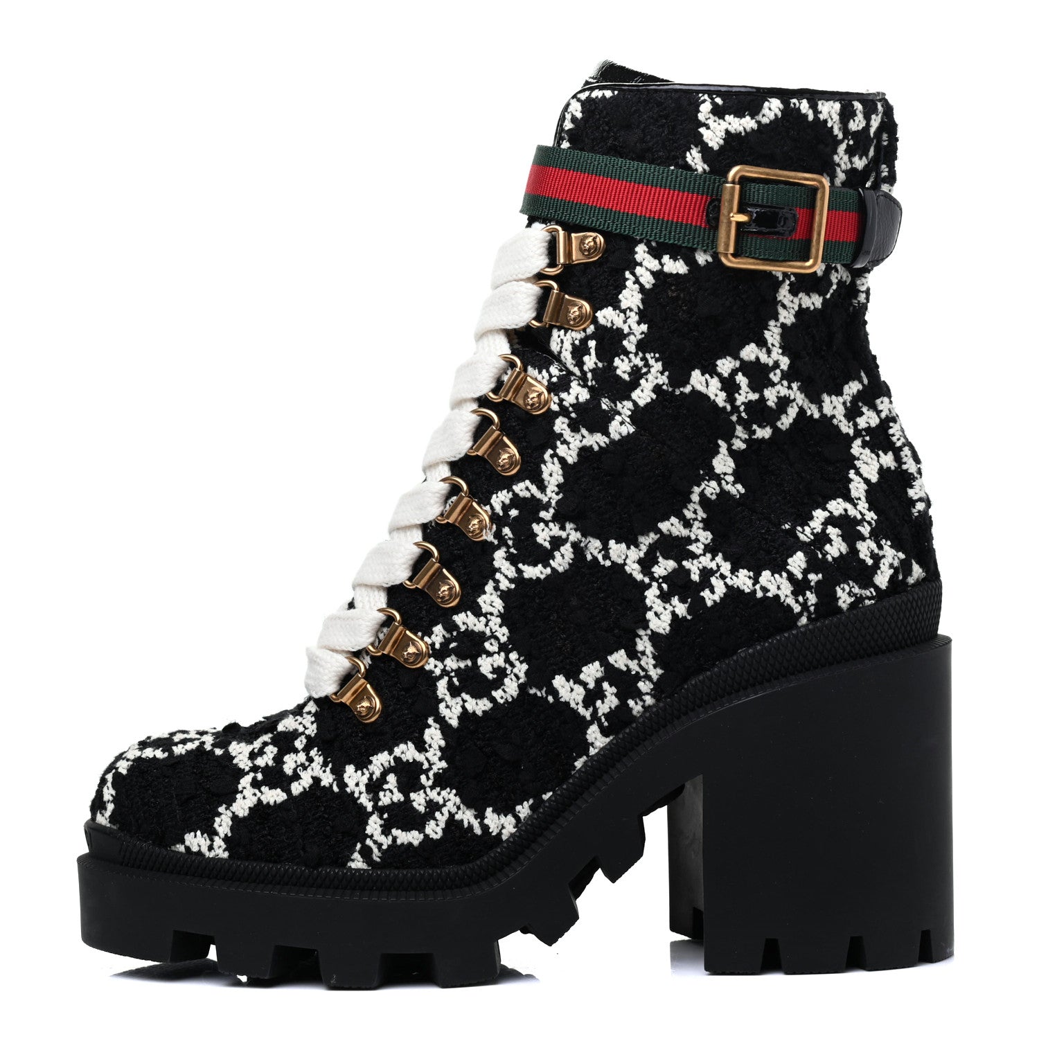 Gucci Tweed GG Monogram Lace Up Combat Ankle Boots 37 Black 1 of 9