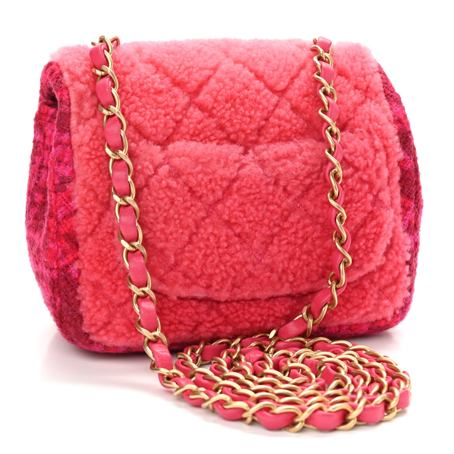 Chanel Shearling Tweed Quilted Mini Square Flap Bag Pink 3 of 11