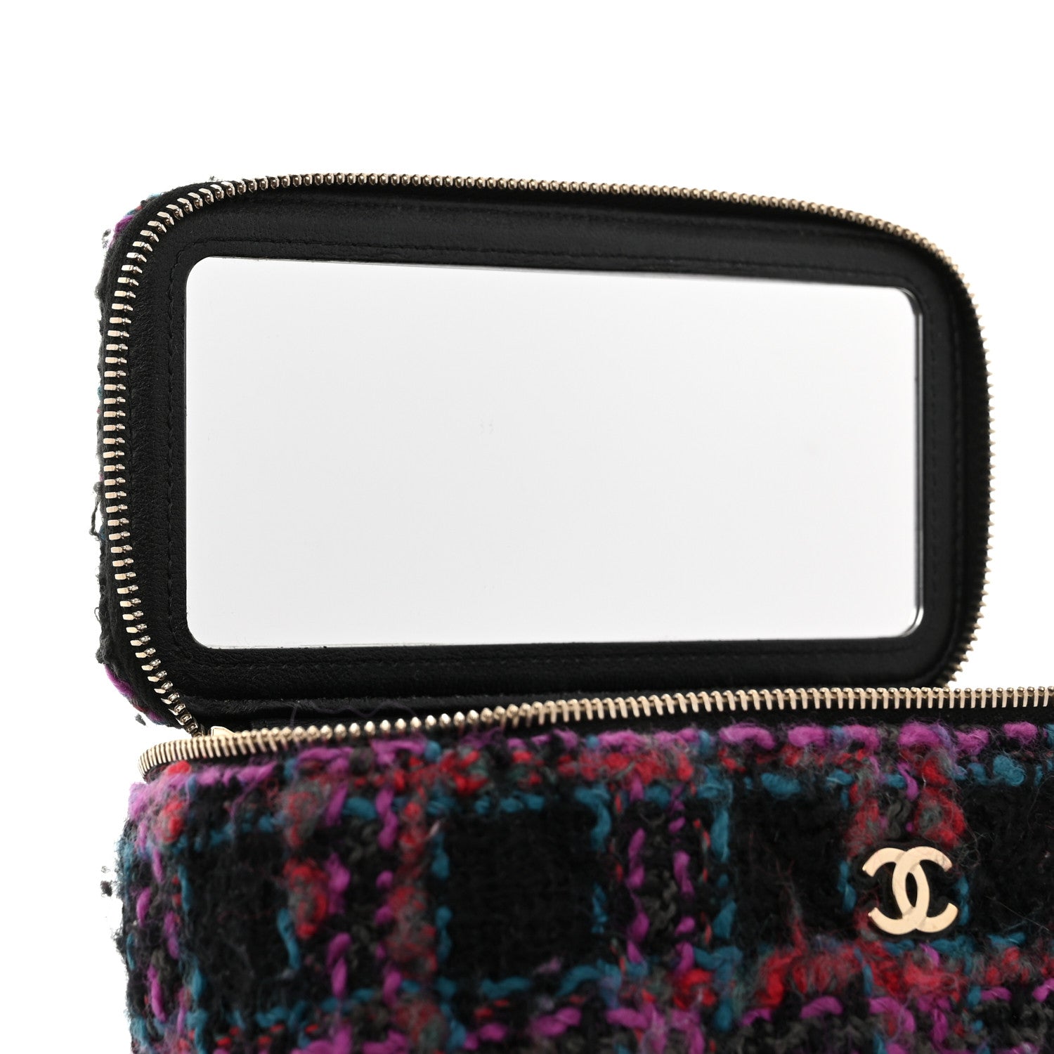 Chanel Tweed Quilted Small Vanity Case With Chain Black Purple Green Red 8 of 11